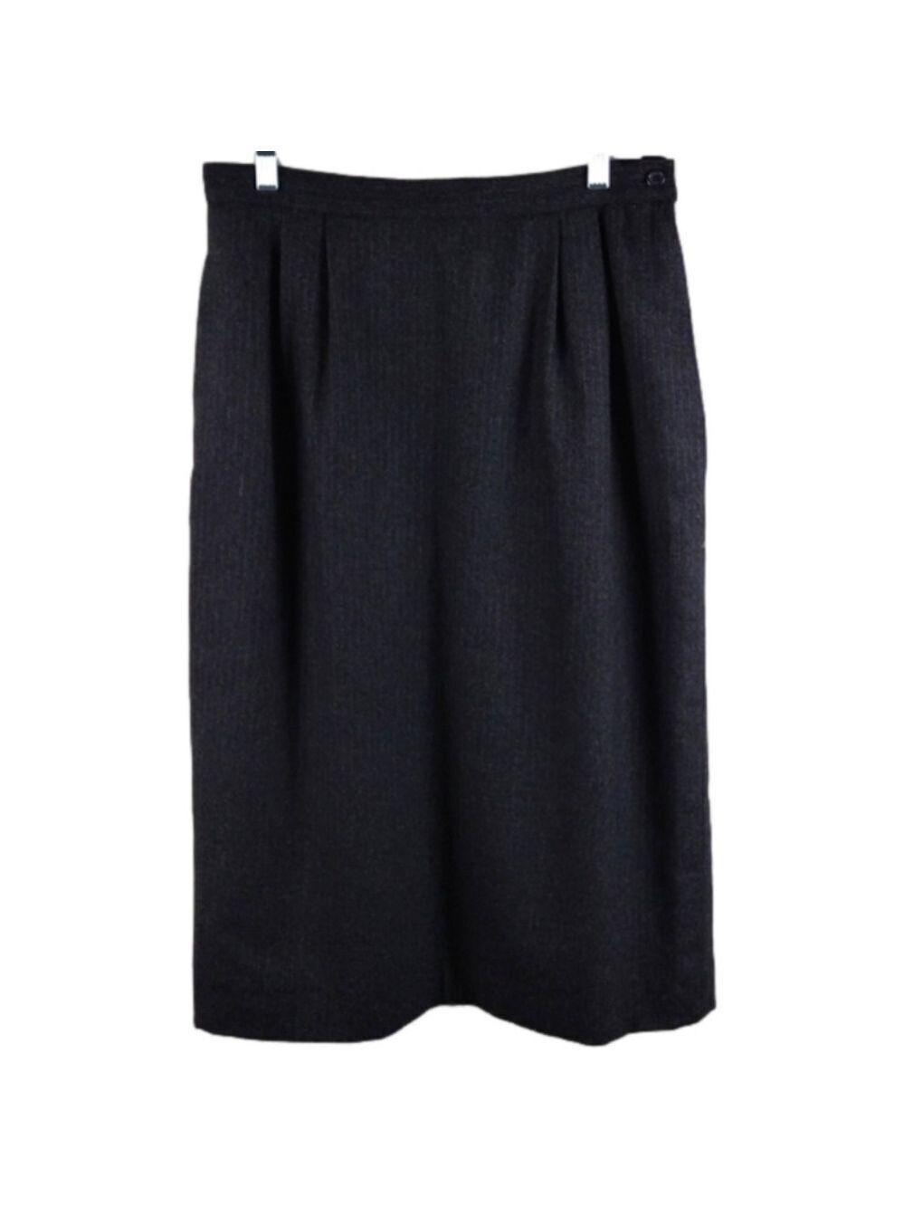 Peabody House Vintage Wool Black Grey Pleated Front Pinstripe Pencil Midi Skirt
